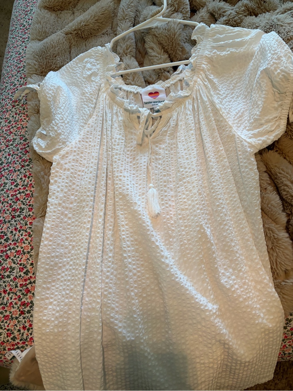 White Textured Peasant Tunic with Tassel Tie